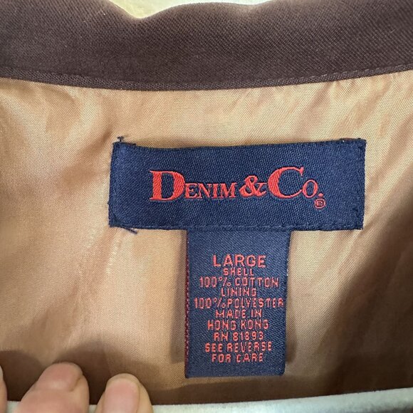 Womens Tan Embroidered Jacket Large 100% Cotton Denim & Co Pockets Button Up - Picture 2 of 8